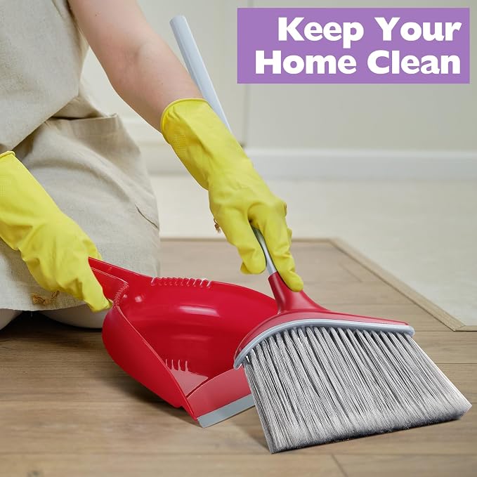 Meanplan 5 Pcs Angle Broom and Dustpan Combo Set for School Classroom 54'' Outdoor Indoor Cleaning Broom Commercial Broom with Step-on Dustpan for Home Kitchen Office Floor Dirt Dust Hair Cleaning