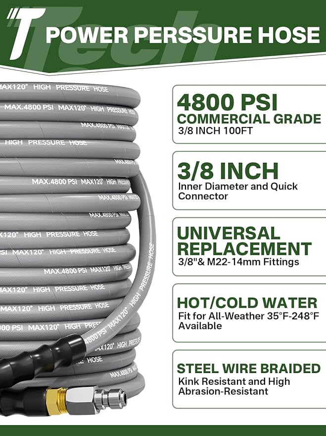3/8" 4800PSI Pressure Washer Hose 100FT Swivel Quick Connect | Power Washer Hose for Cold/Hot Water Max 248°F, Kink Resistant Steel Wire Braided, Wear Resistant with M22 14mm Adapter