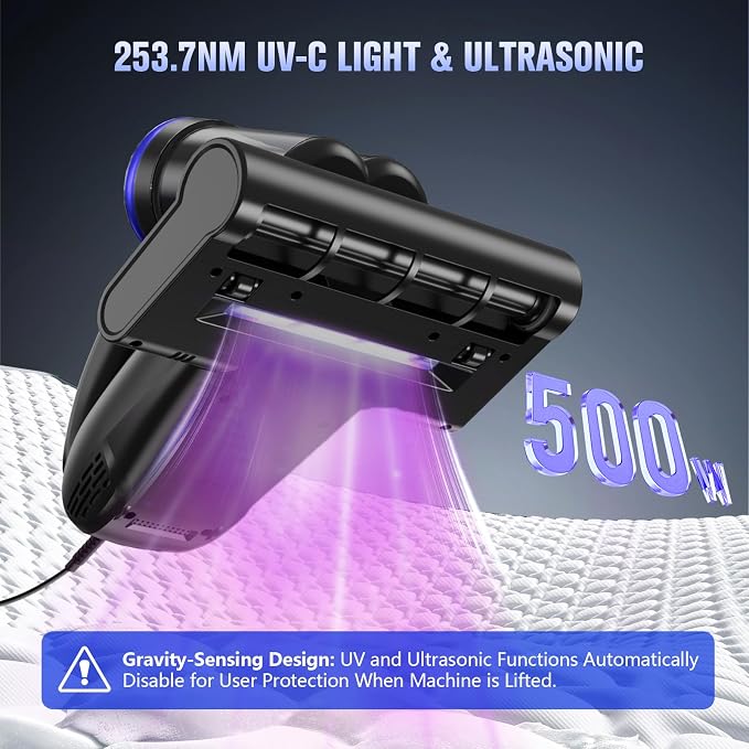 Mattress Vacuum with UV-C Light,16Kpa Bed Vacuum Cleaner for Sofa,Crib | 140°F High Heat, Ultrasonic, Double Dust Cup, Anti-Entanglement Roller, 5m Cord, 500W Motor, for Mattress, Couch, Pet Bed