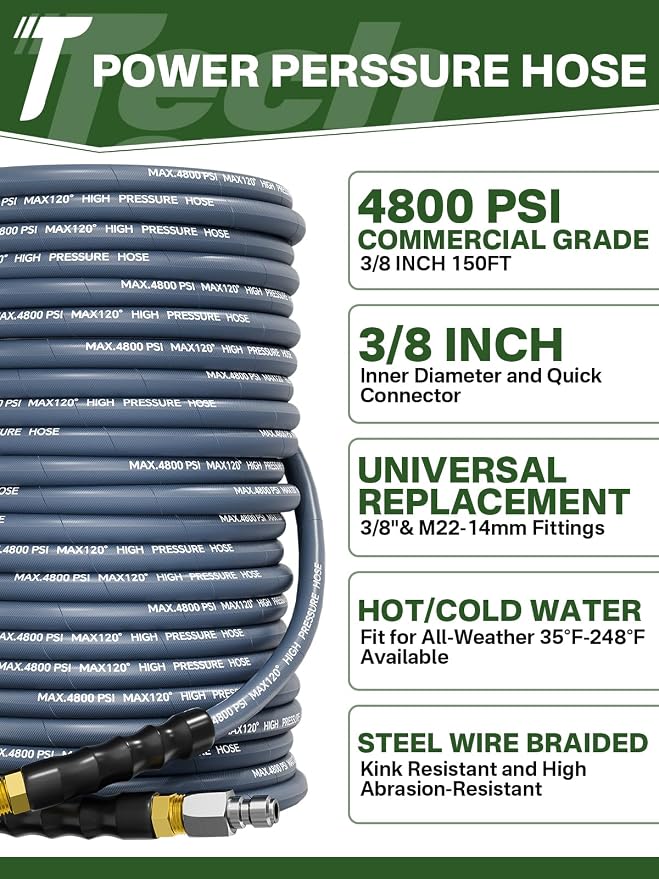 3/8" 4800PSI Pressure Washer Hose 150FT Swivel Quick Connect | Power Washer Hose for Cold/Hot Water Max 248°F, Kink Resistant Steel Wire Braided, Wear Resistant with M22 14mm Adapter
