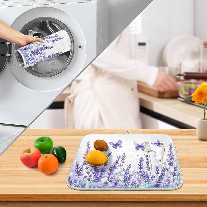 Purple Lavender Spring Summer Flower Floral Dish Drying Mat for Kitchen Counter Absorbent Microfiber Large Drying Pad Dish Mats for Kitchen Countertops 18 x 24 Inch