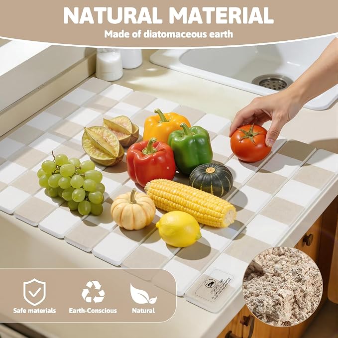 Yamaziot Large Stone Drying Mat for Kitchen Counter, 15.3"x24" Foldable Ultra Absorbent Stone Drying Mat, Quick-Dry Diatomaceous Earth Mat, Non-Slip Heat Resistant Mat for Dishes, Cups, Bottles, Beige