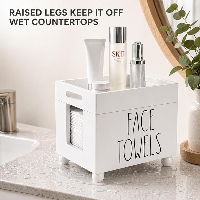Disposable Face Towel Holder, Wooden Facial Towels Dispenser, Clean Towel XL Box for Bathroom Countertop, Open-Top Cleansing Wipes Organizer for Vanity, Rustic Skincare Storage (White)