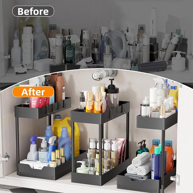 Simple Trending Under Sink Organizer 3 Pack, Sink Pull-Out Sliding Storage Cabinet, 2-Tier Under Shelf Organizer for Kitchen Bathroom, Black