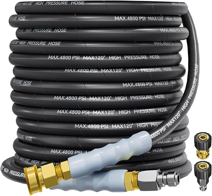 3/8" 4800PSI Pressure Washer Hose 50FT Swivel Quick Connect | Power Washer Hose for Cold/Hot Water Max 248°F, Kink Resistant Steel Wire Braided, Wear Resistant with M22 14mm Adapter