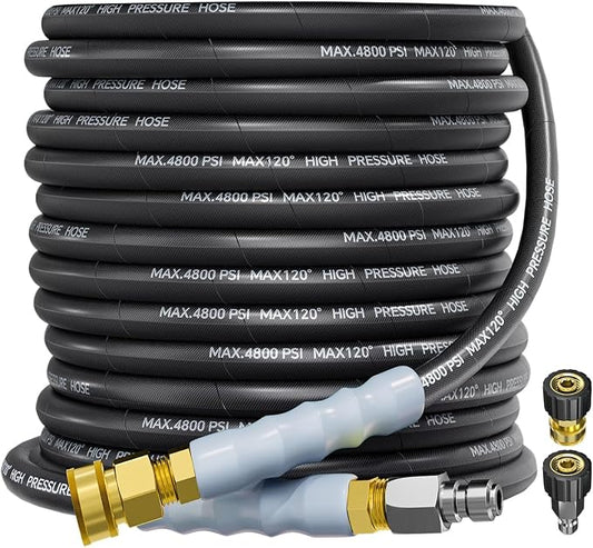3/8" 4800PSI Pressure Washer Hose 50FT Swivel Quick Connect | Power Washer Hose for Cold/Hot Water Max 248°F, Kink Resistant Steel Wire Braided, Wear Resistant with M22 14mm Adapter
