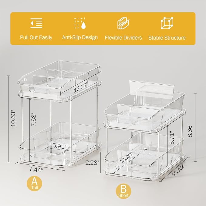 Delamu 2-Tier Under Sink Organizers and Storage, Multi-Purpose Stackable Bathroom Cabinet organizers, Pull Out Kitchen Pantry Organization and Storage with Dividers(2 Pack, Clear)