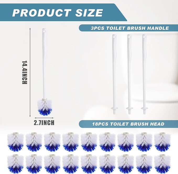 Willinglong 18 Pcs 18.5 Inch Toilet Bowl Cleaner Brush Bathroom Long Plastic Handled Cleaning Scrubber with Hook Hole Without Holder for Household Cleaning (Blue,White)