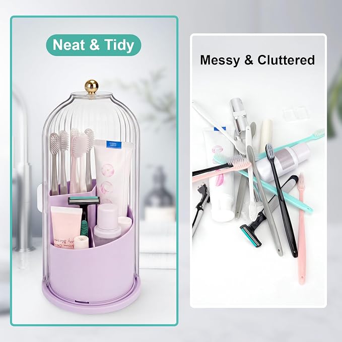 QIYVLOS Toothbrush Holders with Sliding Lid, Rotating 3 Slots Bathroom Organizer Countertop, Tooth Brush Toothpaste Holder Bathroom Counter Stand Sink Organizer for Makeup Brushes Holder (Purple)