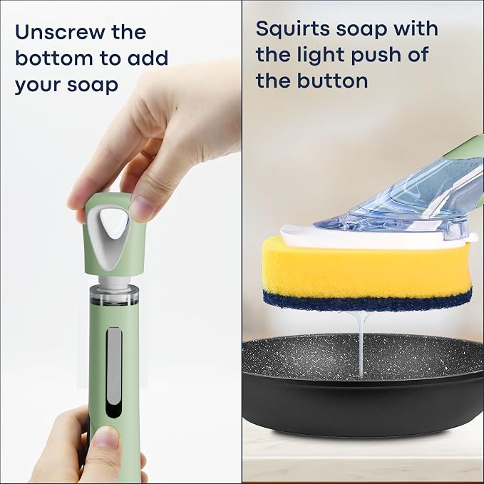 RIMAY Dish Brush Set with Soap Dispenser, 2 Refills and Storage Holder | Soap Dispensing Dish Brush dish scrubber with handle for Cleaning Dishes, Pans, Sink, Pots, Green