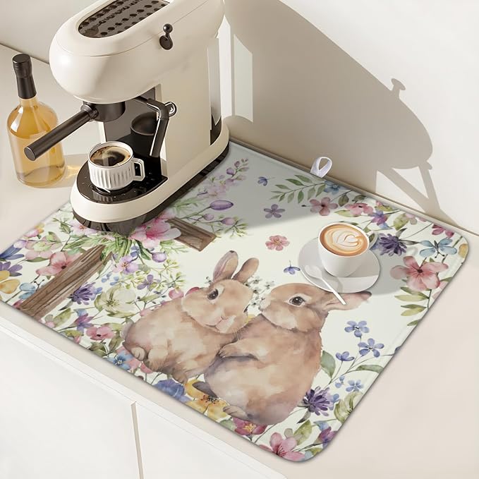 Easter Bunny Dish Drying Mat 16 x 18 Inch Rabbit Dish Drainer Rack Mat Colorful Floral Mat Absorbent Microfiber for Holiday Kitchen Coffee Dining Bar Decor