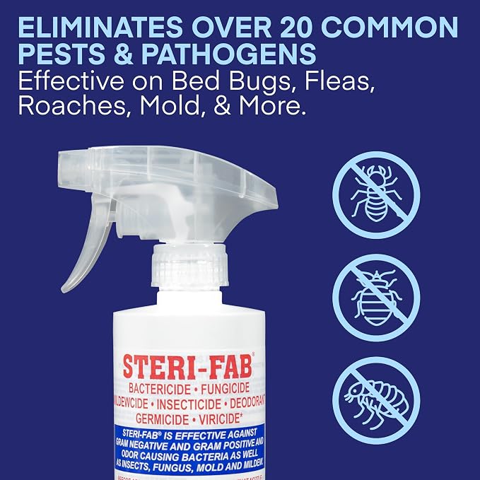 Steri-fab All-in-One Disinfectant Spray – Kills Bed Bugs, Fleas, Mites, Roaches, Viruses, Fungi, & Odors – Quick-Drying, Non-Residual, 16 Ounce Sprayer Bottle