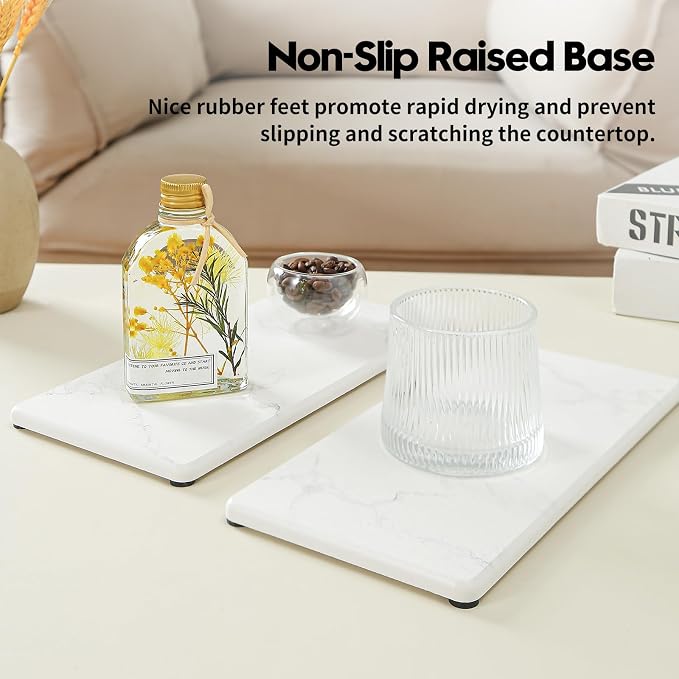 2PCS 10"x 5" Large Bathroom Sink Vanity Trays, Water Absorbing Diatomite Stone Quick Drying Mat for Kitchen Counter, Dish Rack Dispensers Sponge Holder Caddy Organizer, Marble White, 10"x 5"