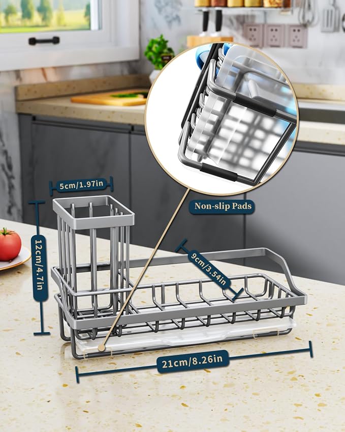 Consumest Sponge Holder for Kitchen Sink - Kitchen Sink Caddy Organizer with Removable Drip Tray for Countertop Dish Soap Dispenser Brush Storage Accessories 304 Stainless Steel, Grey