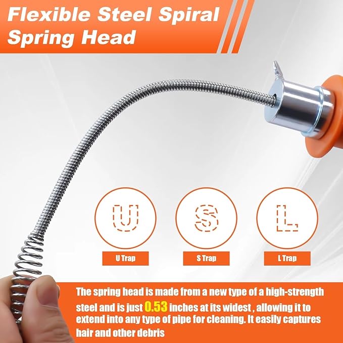 Drain Auger 33ft Drain Clog Remover with Drill Adapter, Flexible Plumbing Snake for Kitchen, Bathroom & Shower, Manual or Drill Powered (33ft Drain Auger + Tool Kit)