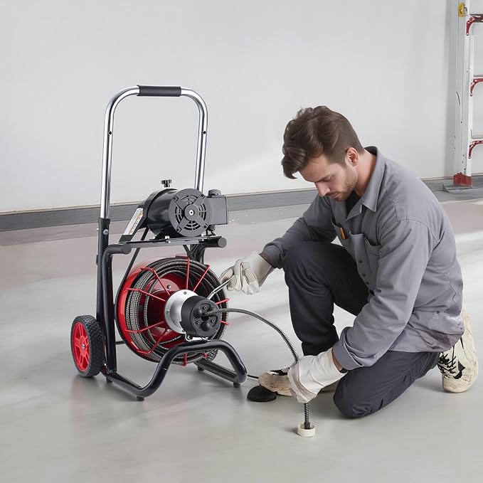 VEVOR Drain Cleaner Machine 100 FT x 1/2 Inch Auto Feed Sewer Snake Auger | Portable on Wheels, with 8 Cutters &, Air-Activated Foot Switch, Fits 2" to 6" Pipes