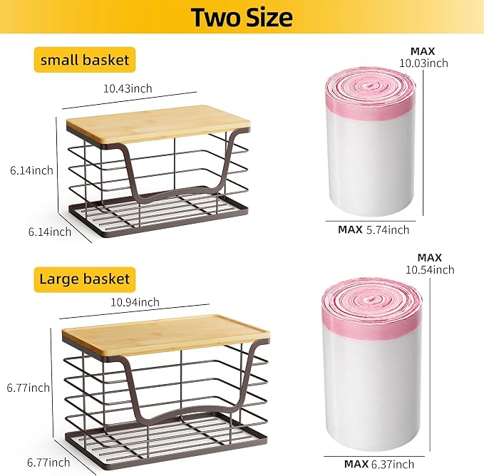 ALOCEO 2 Pack Stackable Wire Storage Basket with Bamboo Lid, Stainless Steel Extra Large Trash Bag Dispenser Roll Holder for Kitchen Sink, Laundry, Pantry Organizer and Storage, Brown