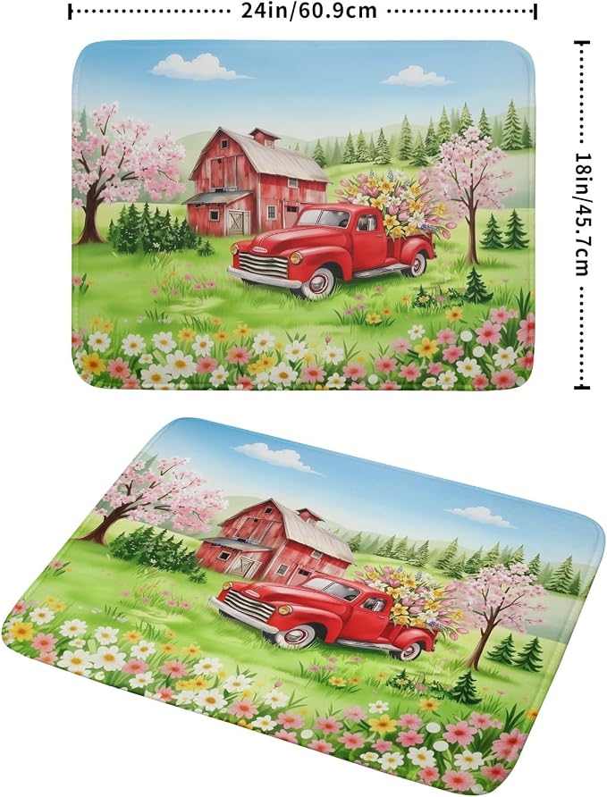 Spring Dish Drying Mat for Kitchen Counter Red Truck Flowers Microfiber Absorbent Dish Draining Reusable Washable Foldable Extra Large 18"x24"