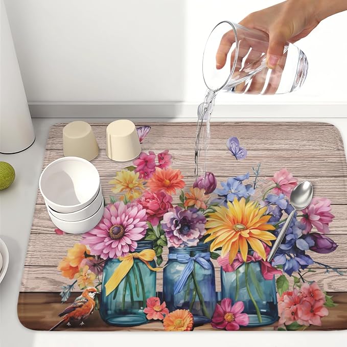 Purple Floral Wooden Board Dish Drying Mat 18x24 Inch | Vases，Vintage，Polyester，Absorbent Microfiber，for Kitchen Coffee Dining Bar Decor