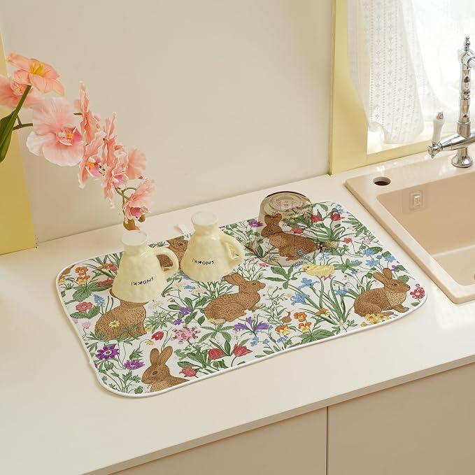 Spring Dish Drying Mat 18x24 Inch Easter Rabbit Bunny Floral Drying Mat Sage Green Wildflower Holiday Absorbent Dish Drying Pad Dish Rack Drainer Mats for Kitchen Dining Counter