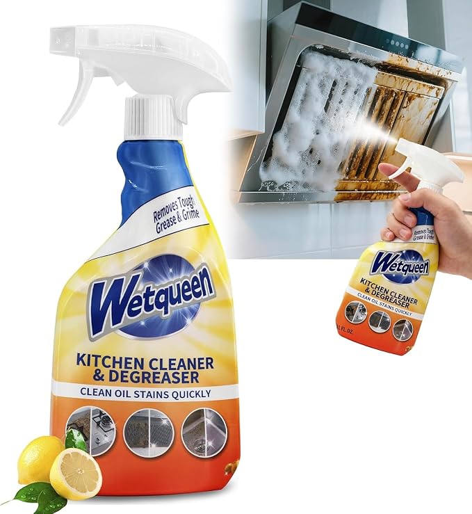 WETQUEEN All Purpose Cleaner Spray, Heavy Duty Kitchen Degreaser Foam & Stubborn Stain Remover for Kitchen, Household, Oven, Stove, Range Hood, Tiles, Dual-Spray Nozzle, Lemon Scent, 16.91 Fl Oz