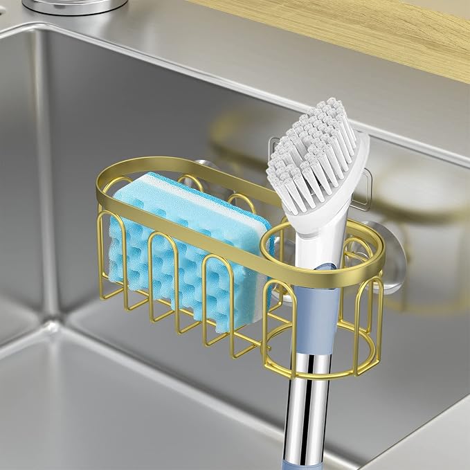 2-in-1 Sponge Holder for Kitchen Sink, Sink Caddy Kitchen Sink Organizer with 3 Suction Cups, No Drill Rustproof Sink Sponge Holder for Dish Brush, Soap & Sponge (Gold)