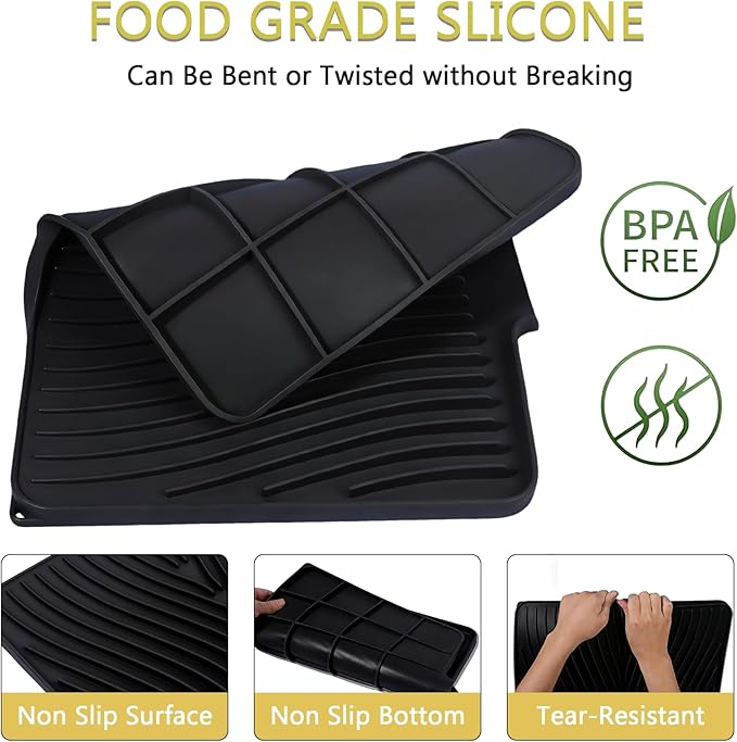 Silicone Drying Mat, 16"X13" With Built-in Drain Lip,Heat-Resistant,Eco-friendly,Hygienic Drying Pad,Leak-Proof and Non-Slip,Silicone Dish Drying Mat for Kitchen Counter or Sink（Black 16X13）