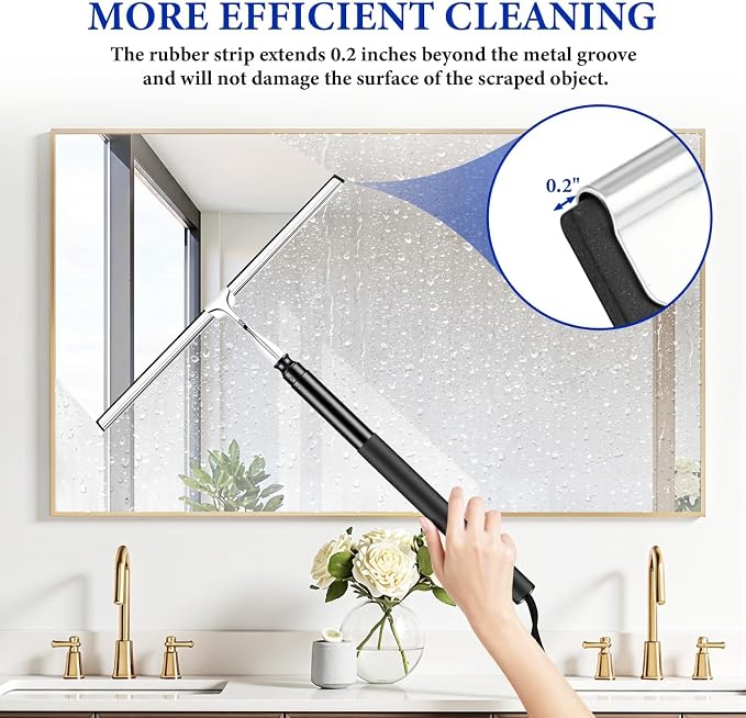 2-in-1 Window Shower Squeegee with Extension Pole for Glass Doors | Professional Window Cleaner Tool, 14" Wide Washing Equipment for High Outside Glass, Solar Panels, Shower, Car Windshield