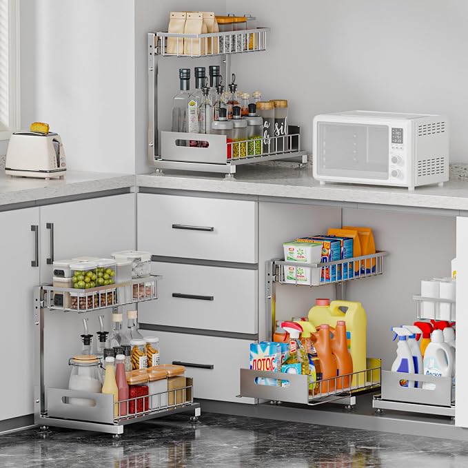 Saydear 2-Pack L-Shaped Under Sink Organizer, 2-Tier Pull-out Cabinet Rack | Grey Height-Adjustable Steel Rack, Sliding Grid Drawers with PP Liners, Holds 100 Lbs, Suction Base, Ideal Kitchen Storage