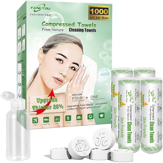 1000Pcs Compressed Towel Mini Tablets Disposable Face Towelette with 4 Cases, Coin Tissue Facial Cleansing Towels Washcloths for Travel Home Hand Wipes, Camping, Hiking, Outdoor, Ultra Soft and Thick