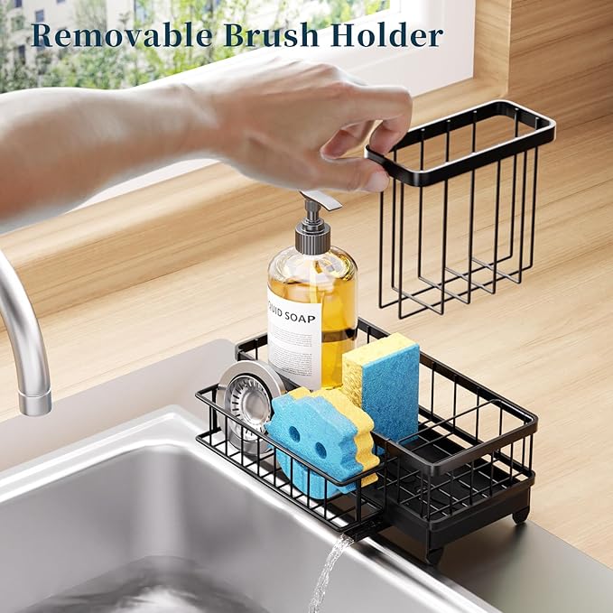 Consumest Sponge Holder for Kitchen Sink - Auto Draining Sink Caddy Organizer with Detachable Rack, High Brush Holder, Kitchen Countertop Storage Accessories, Black