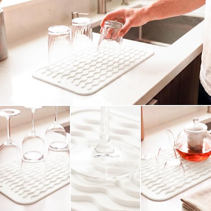 MicoYang Silicone Dish Drying Mat for Multiple Usage,Easy clean,Eco-friendly,Heat-resistant Silicone Mat for Kitchen Counter or Sink,Refrigerator or Drawer Liner White S 12 inches x 6 inches