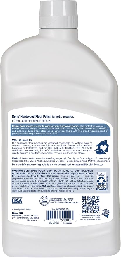 Bona Hardwood Floor Polish - 32 fl oz - Low Gloss Shine - Polish for Wood Floors - Protects and Renews Dull Flooring - Covers 500 sq ft (Pack of 2)