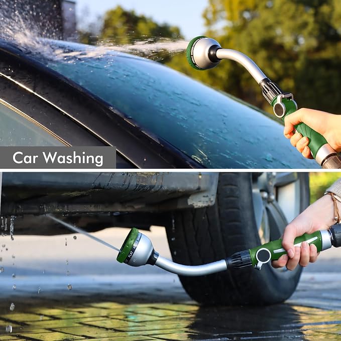 RESTMO Watering Wand Heavy Duty, 15-Inch Long Hose Nozzle Sprayer | 10 Spray Patterns & Thumb Flow Control, Metal Garden Hose Wand for Water Hanging Baskets and Shrubs, Green
