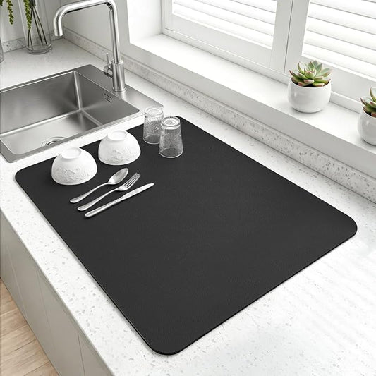 LOPNUR Kitchen Dish Drying Mat, 18"x16" Small Dish Drying Mats for Kitchen Counter, Super Absorbent Dish Drying Pad, Diatomite Coffee Mat Heat Resistant Mat with Anti-slip Rubber Backed, Black