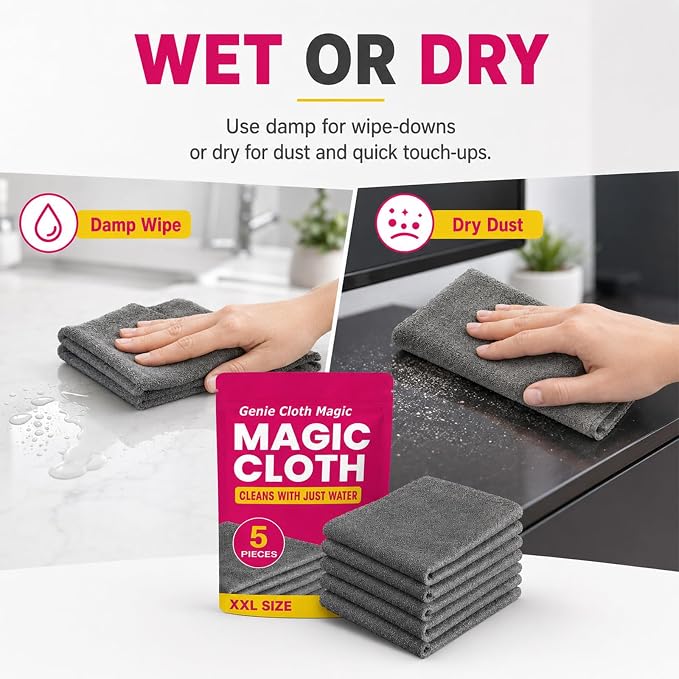 5 PackGenie Cloth Magic Cloth,Genie Magic Cleaning Cloth,Lint Free MicrofiberCleaning Cloths for Glass, Window, Kitchen,Stainless Steel,Cars & Screens,Reusable,5-Pack (1PCS)
