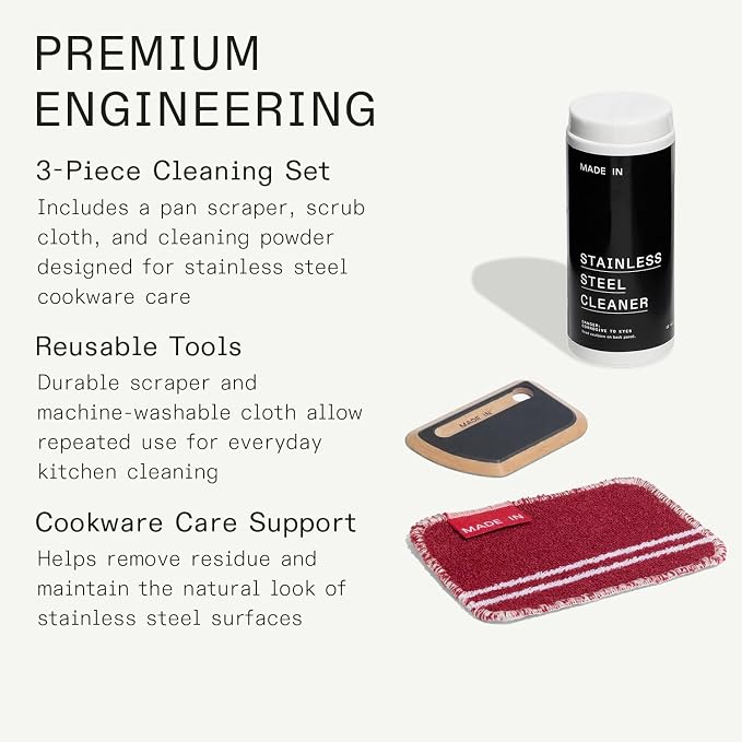 Made In Cookware - 3 Piece Stainless Steel Cleaning Set | Includes Pan Scraper, Scrub Cloth & Stainless Steel Cleaner, Complete Cleaning System, Crafted in USA