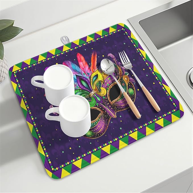 Mardi Gras Dish Drying Mat for Kitchen Counter Masquerade Mask Feather Dishes Drying Mat Microfiber Absorbent Reusable Washable Dishes Drainer Rack Mats 16x18 Inch