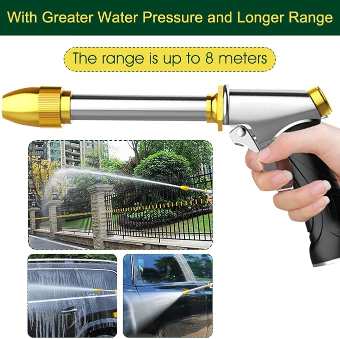 Upgrade Water Hose Nozzle Long Rod Garden Hose Nozzle Heavy Duty metal Brass sprayer 360° Rotaing spray gun for car wash, Plants and Lawn,Patio Gardening, Pets Shower Hose Nozzle + Quick Connector