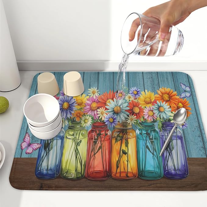 Vintage Floral Dish Drying Mat for Kitchen Counter Rustic Flower Vases Wooden Board Microfiber Dish Drainer Mat Spring Summer Absorbent Washable Drying Pad 16"x18"