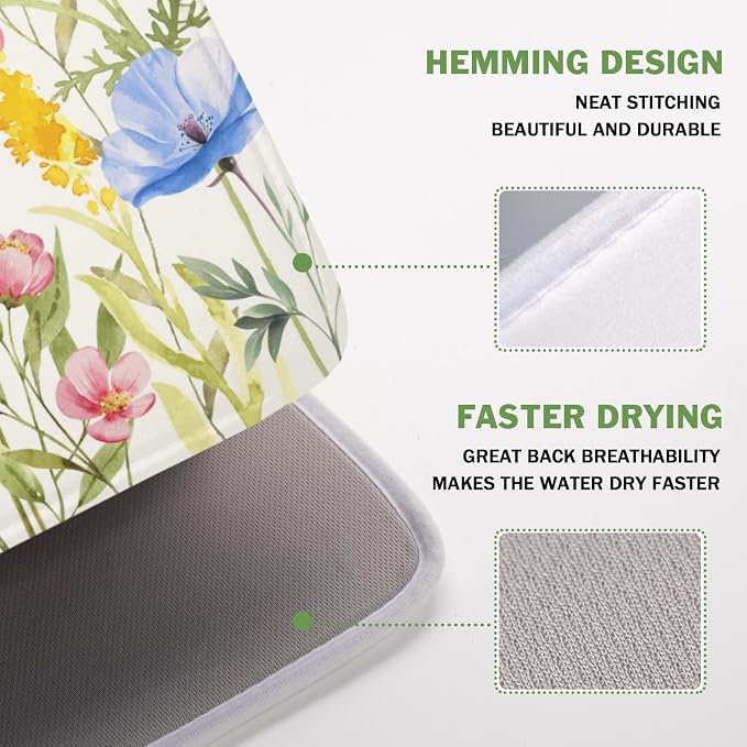 Botanical Floral Dish Drying Mat for Kitchen Counter 16x18 Inch | Wildflower，Polyester，Absorbent Microfiber，for Kitchen Coffee Dining Bar Decor