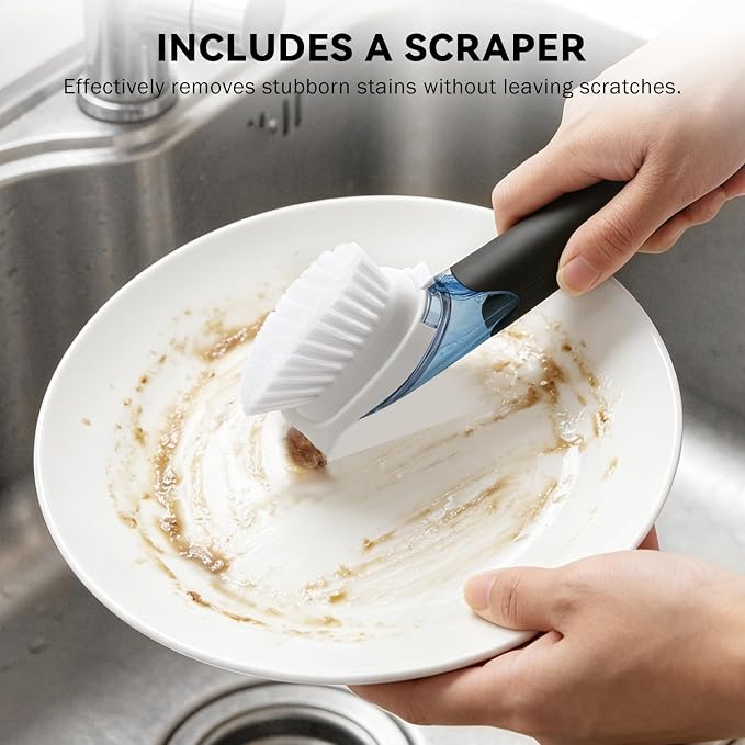 SetSail Dish Brush with Soap Dispenser, Stiff Bristles with Built-in Scraper Dish Scrubber with 3 Pack Replaceable Brush Head Dish Scrub Brush with Non-Slip Handle for Kitchen Sink, Dishes, Pans, Pot