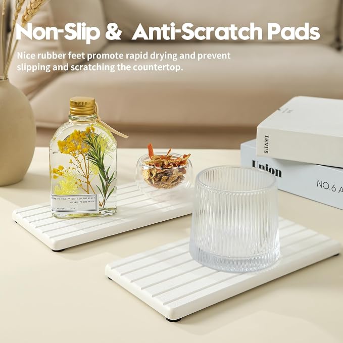 2PCS Water Absorbing Stone Drying Tray Mat for Bathroom Sink & Kitchen Counter Faucet Organizer, Quick Dry Dish Rack Soap Dispenser Sponge Holder, Vanity Sink Caddy Bar Coaster, Ivory White 8“x 4”