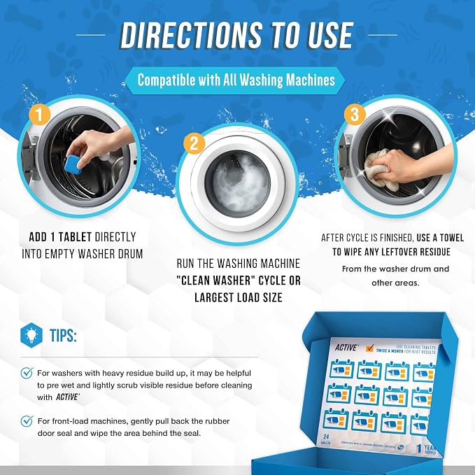 ACTIVE Washing Machine Cleaner for Pet Owners and Disposal Cleaner - Includes 24pk Pet Washer Cleaning Tablets and 24ct Garbage Disposal Cleaner Tabs