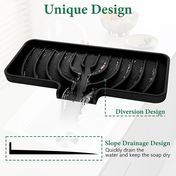 GUUKIN Sponge Holder for Kitchen Sink, Sink Caddy and Soap Tray | 10x4 inch Kitchen Sink Organizer | Compatible with Scrub Daddy, Kitchen Sink Accessories (Black)