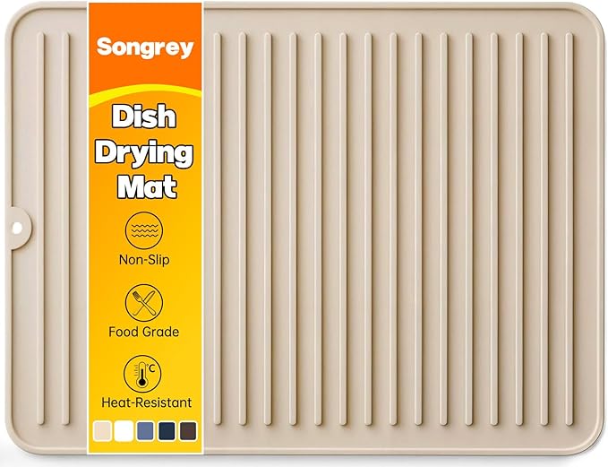 Songrey 16" x 12" Silicone Dish Drying Mat, Kitchen Counter Drying Pad for Sink Dishes or Under Rack, Multi-Use as Heat Resistant Trivet, Coffee Bar Mat