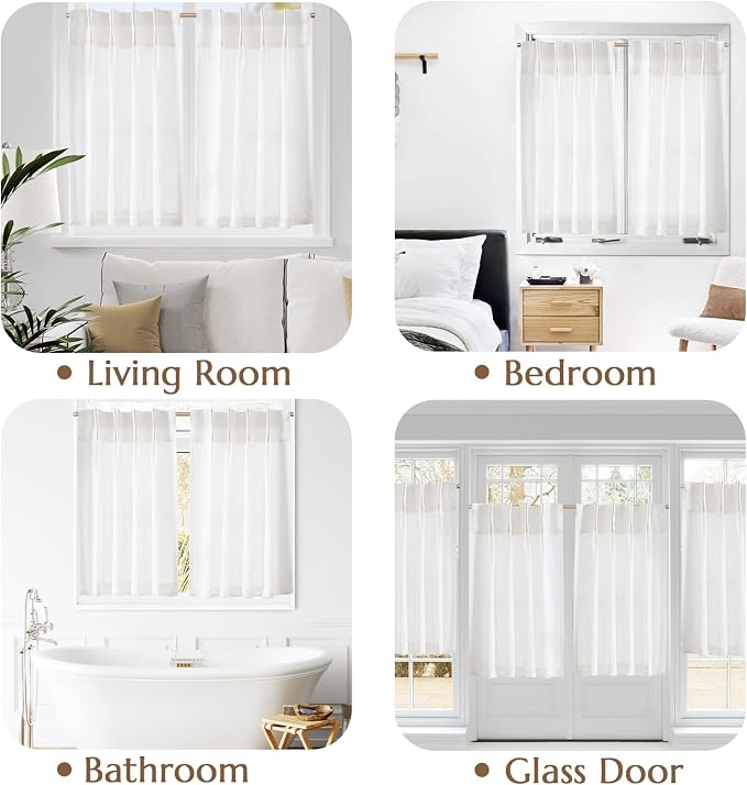 jinchan Linen Pinch Pleated Back Tab Tier Curtains, 26x24, 2 Panels, White | Light filtering,small window treatment,cafe curtains,machine washable,farmhouse,kitchen,bathrooms,laundry