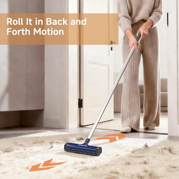 Pet Hair Remover for Carpet, Carpet Sweeper with Dust Container | Carpet Hair Removal Tool with 5 Feet Long Handle to Remove Cat and Dog Hair from Carpet, Rugs, Mats, Furniture, Upholstery
