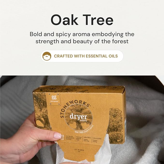 Grab Green Stoneworks Dryer Sheets, 80 Count, Oak Tree, Compostable | Softens fabrics; Reduces Static; Cruelty-free; Plant & Mineral Based; No Harsh Chemicals