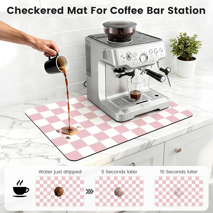 16" x 24" Checkered Dish Drying Mat for Kitchen Counter, Absorbent Coffee Bar Mat for Espresso Machine Coffee Countertops Accessories, Pink